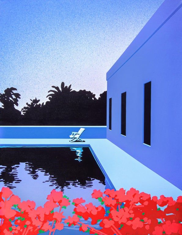 this vibrant and colorful painting showcases a minimalist scene of a modern house with a swimming pool. the building, painted in a bright blue, stands adjacent to a pool with clear, reflecting water. palm trees are visible in the background, silhouetted against the blue sky. a single white chair rests by the pool's edge. in the foreground, a cluster of vibrant red flowers adds a pop of color to the scene. the minimalist design and bold colors create a sense of tranquility and summery elegance.