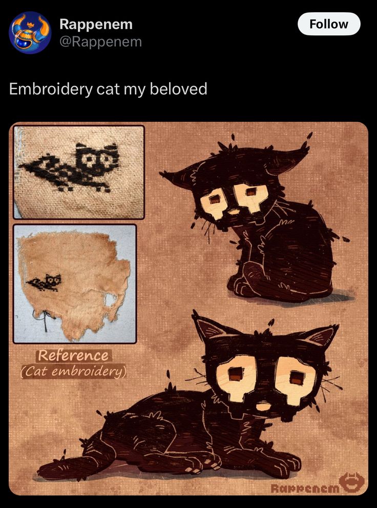 this image is a screenshot of a tweet by rappenem with the text "embroidery cat my beloved". the image features a drawing of a stylized black cat with a face resembling a skull. there are two images of cat embroidery labeled "reference (cat embroidery)". the artwork is done in a rough, sketchy style.