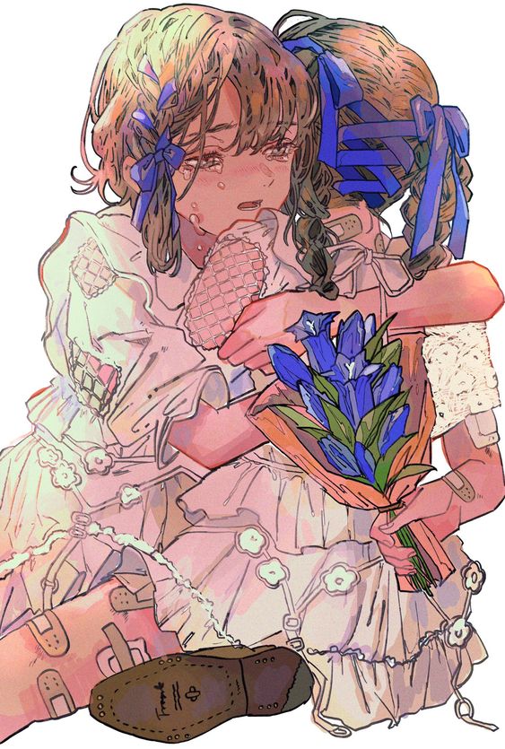 two girls in white dresses are hugging each other. one girl is crying and being comforted by the other. they both have bandages on their bodies, and one girl is holding a bouquet of blue flowers.