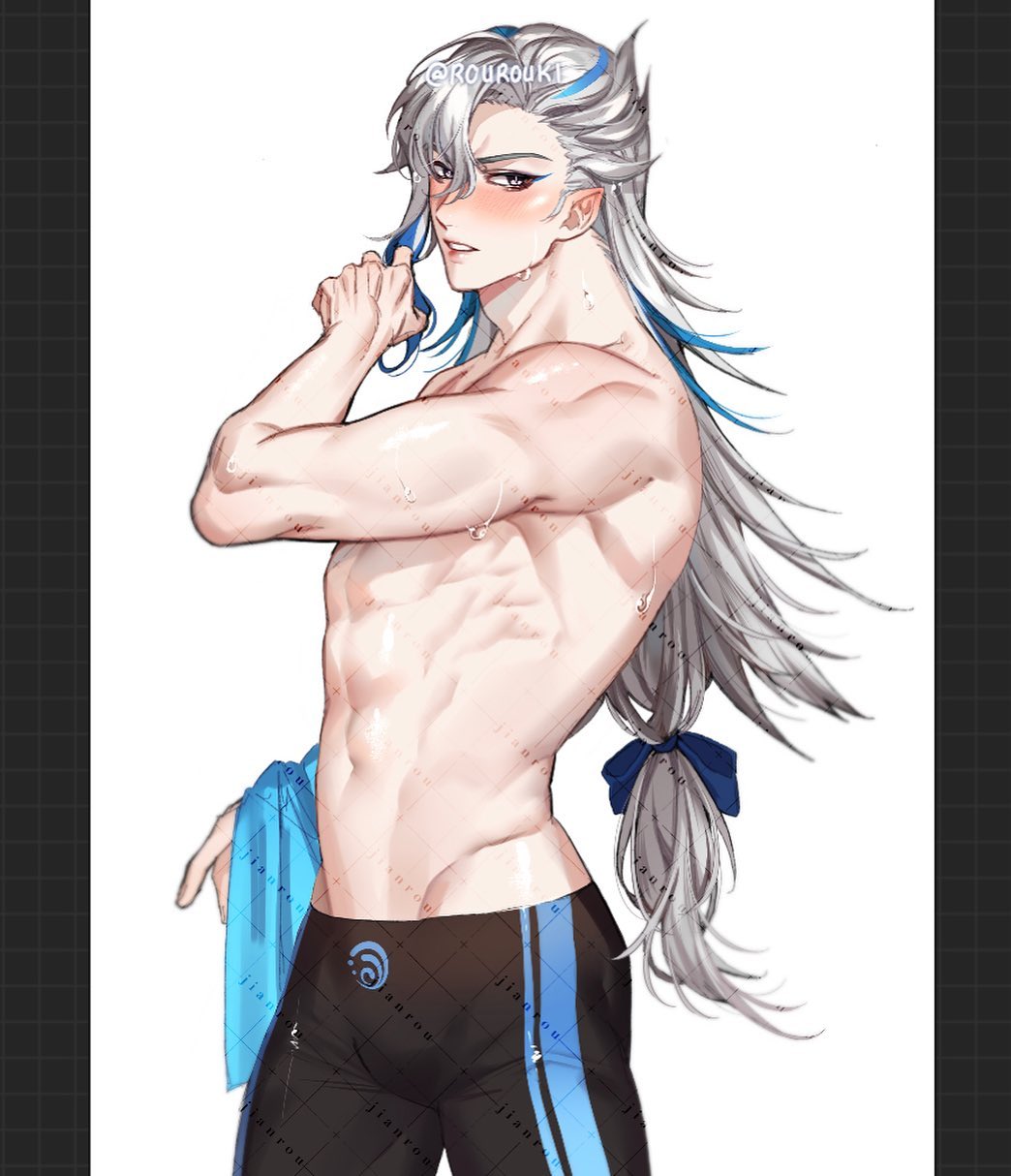 a digital illustration of an animestyle man with long white hair and a muscular build. he is shirtless, holding a blue towel, and wearing black swim trunks with blue stripes. his hair is tied back with a blue ribbon.