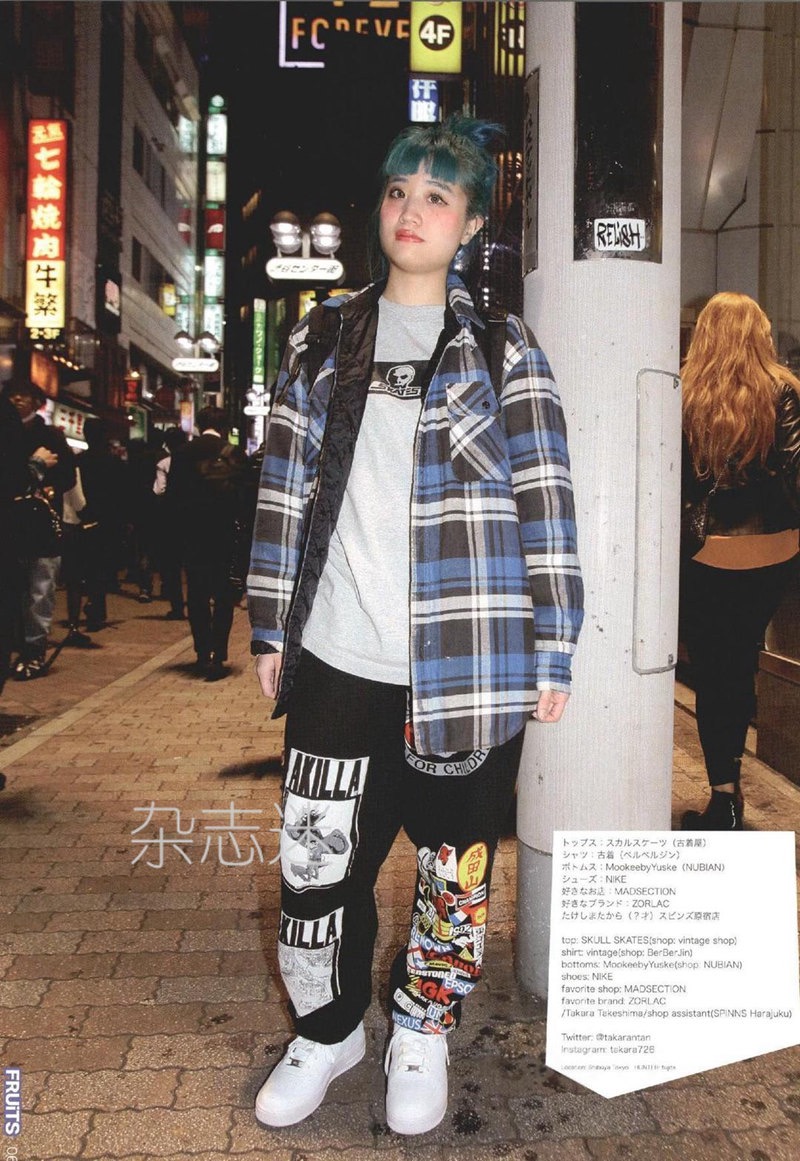 a young woman with blue hair is posing on a city street at night. she is wearing a blue and white plaid shirt, a graphic tee, black sweatpants with patches, and white sneakers. the photo appears to be from a japanese street fashion magazine, as indicated by the text overlay.