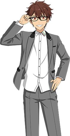 a fullbody illustration of an anime boy with brown hair and glasses, wearing a gray suit with a white shirt.