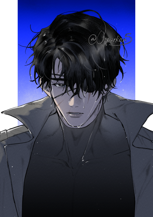 a digital illustration of an anime man wearing a black eyepatch and jacket. he has long black hair. his face is sad and has tears streaming down his cheeks. the background is blue with rain.