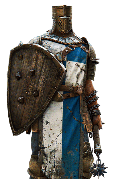a medieval knight in armor, helmet, and chainmail, holding a shield and a spiked weapon, standing against a dark background.  the knight appears to be in a fighting pose, ready for combat.