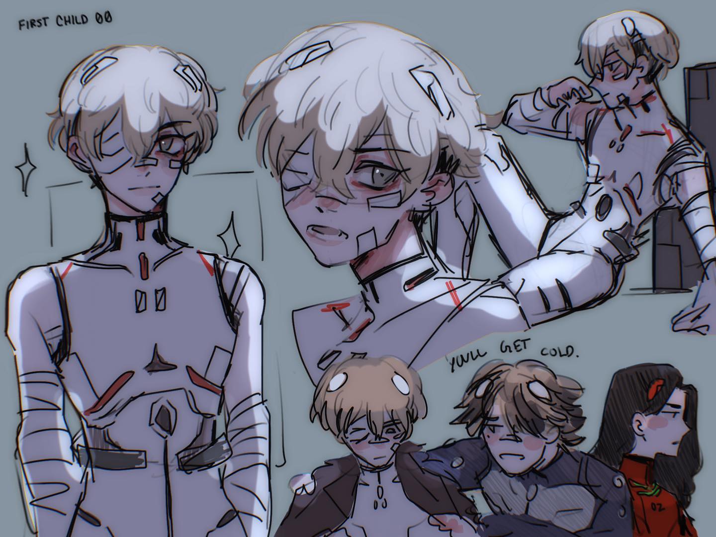 he image is a digital drawing featuring several animestyle characters. the main focus is on a group of boys and girls, predominantly in white outfits with some bandages suggesting injury. one character is noticeably injured and bandaged around the face. the style is a loose, sketchy style with soft shading and color palettes dominated by pale tones. there's a mix of character poses, with some relaxed and others seemingly worried or distressed. a small speech bubble reads "you'll get cold." in informal handwriting. one character sits casually and leans against a gray structure, while others are gathered together, adding to the overall narrative or storyline implied within the piece. the whole piece seems like it is a collection of concept sketches for characters rather than a finished piece of art.