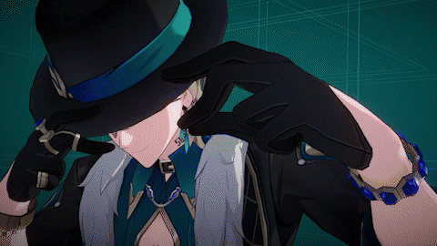 a closeup shot of scaramouche from genshin impact. he's wearing a black hat with a teal band, black gloves, and a teal and blue outfit. his expression is partially hidden by the hat, adding to his mysterious aura. the background is a teal grid pattern, typical of character model showcases in video games.  the image appears to be a 3d render or still from a cutscene.  he has a subtle smirk and is adjusting his hat. his jewelry is prominently displayed, particularly the blue gems on his bracelet.