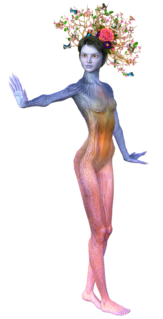a fullbody digital rendering shows a fantasy woman with blueish skin and a headdress made of branches and flowers, standing against a black background. the woman is slender and has her left hand raised with outstretched fingers, while her right arm is extended to the side, also with fingers extended. her body has a textured appearance, resembling the bark of a tree in places, with coloring that fades from blue at the top to orange and then pink towards the bottom. the headdress is made of bare branches adorned with small flowers and tiny birds. the woman has short, dark hair and fair facial features.