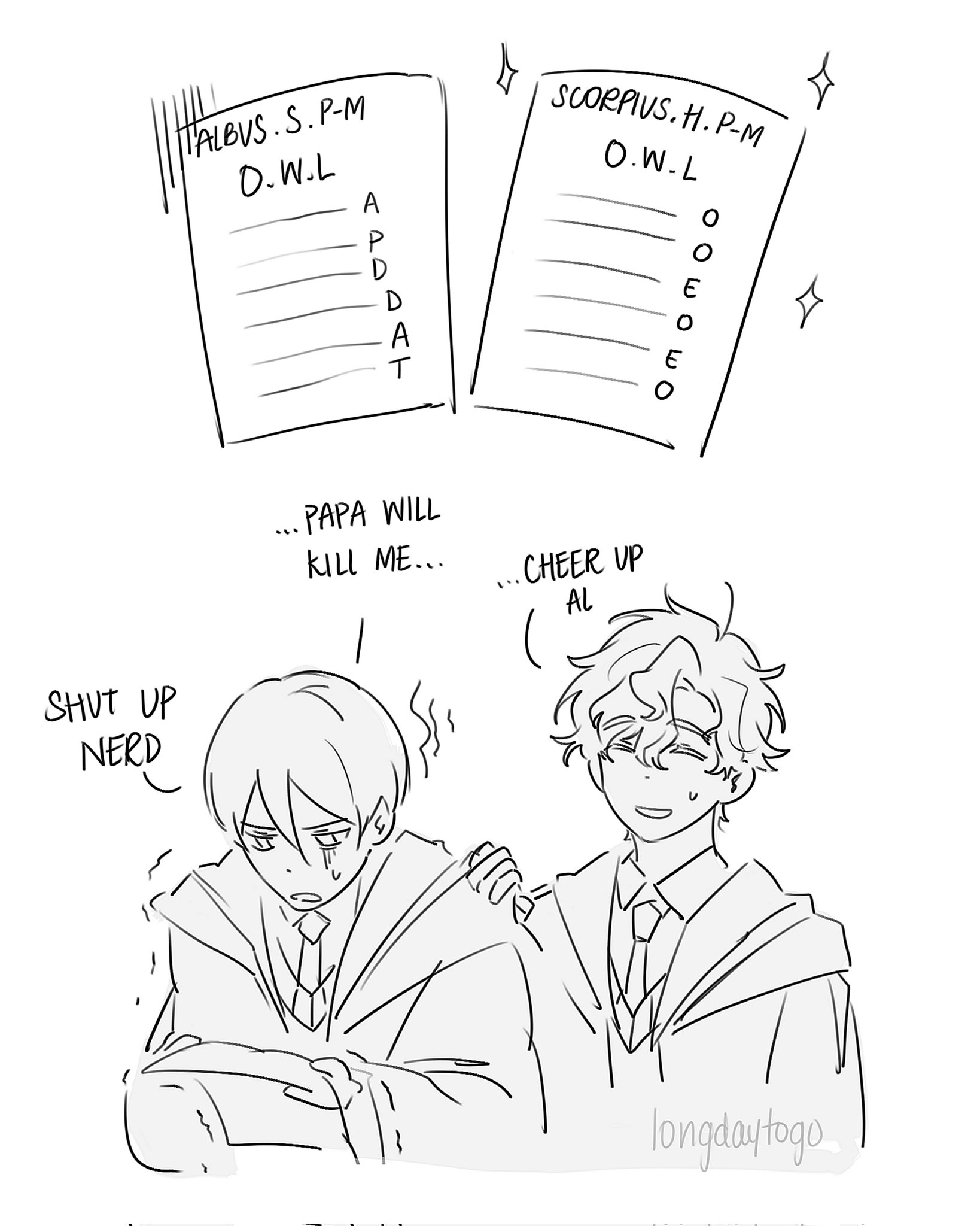 his is a digital fanart depicting albus severus potter and scorpius malfoy from the harry potter universe.  the drawing is in a comic style, with speech bubbles and simple line art. albus is upset and crying, clutching a piece of paper showing poor grades on his ordinary wizarding level (owl) exams. scorpius, more optimistic, has excellent owl results on his paper. he's comforting albus with a hand on his shoulder, showing a supportive and friendly dynamic. the overall style is light and humorous, despite the initial stress of the characters.