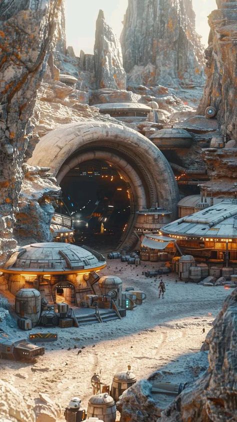 a bustling spaceport built into a rocky canyon on a desert planet. buildings are rounded and domelike, constructed with a sandycolored material. several spacecraft are docked, and small, droidlike figures move along the pathways. the sun casts long shadows, creating a sense of depth and highlighting the texture of the rocky landscape.