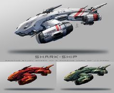 the image showcases a sleek, futuristic spaceship design dubbed "sharkship". it has a distinct sharklike silhouette with a pointed nose, dorsal fin, and sidemounted engines. the primary image depicts the ship in a white, gray, and red color scheme against a light gray background. two smaller images below offer alternate color variations: one in red and orange and another in green and gray.
