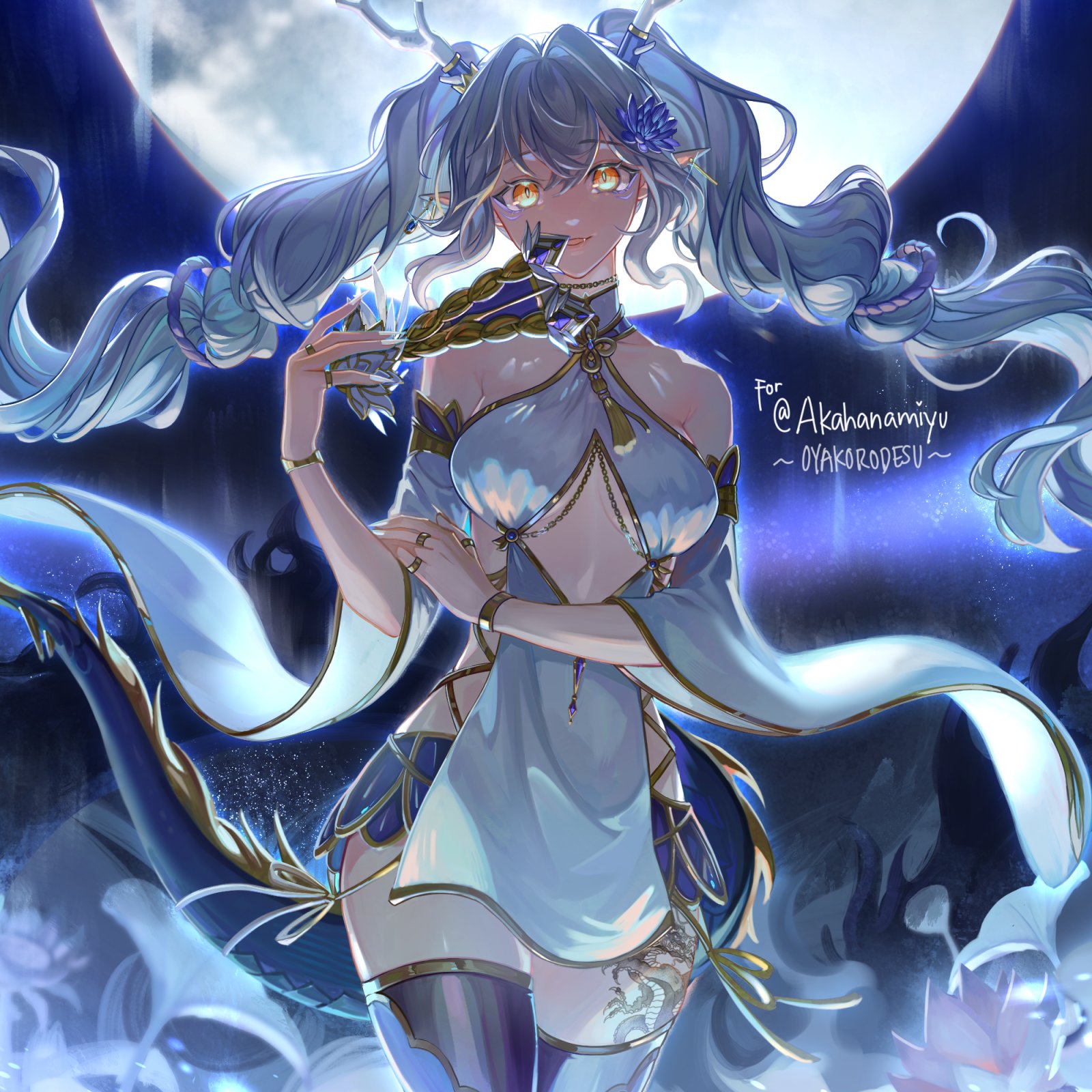 an anime style illustration of a young woman with long flowing blue hair and a beautiful flowing dress, she stands in front of a bright full moon with stars in the night sky, she is holding a glowing blade, her eyes are bright and full of magic, she has an ethereal look, and the art style is whimsical.