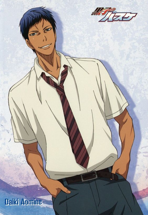 the image features the anime character daiki aomine from the series kuroko no basuke. he is drawn in a casual, almost relaxed pose, with his right hand in his pocket. he's wearing the teiko middle school uniform, a white shirt with a black tie, and blue pants. aomine has blue hair, brown skin, and black eyes, with a smirk on his face. he's standing on a blue and white background with the title kuroko no basuke in the upper right corner, and his name written in the lower left corner.