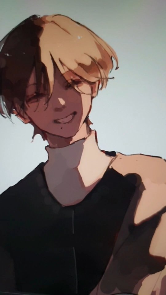 loseup digital painting of a young animestyle boy. he has short, slightly messy hair that's a blend of blonde and brown, styled in a short, somewhat uneven cut.  he's wearing a darkcolored, highnecked shirt or turtleneck and has a subtle smirk on his face. the art style is soft and somewhat painterly, with noticeable shading and highlights creating a threedimensional effect.  the background is a simple, light beige or offwhite, drawing attention solely to the character. the overall mood is relaxed and slightly mysterious.
