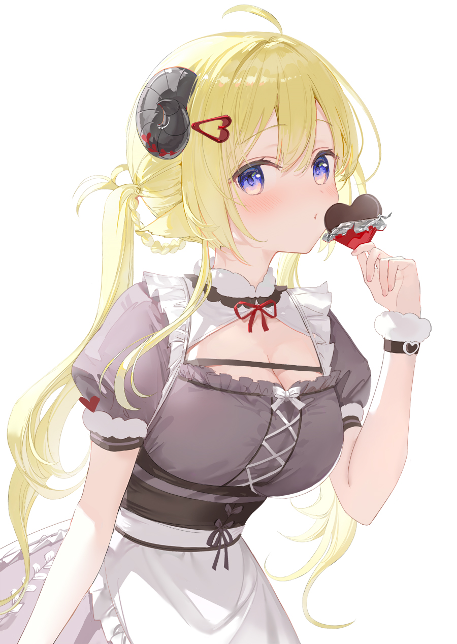 an anime girl with blonde hair and horns is eating a heartshaped chocolate. she is wearing a maid outfit with laceup detailing and a ribbon. she has blue eyes and her hair is styled in pigtails.