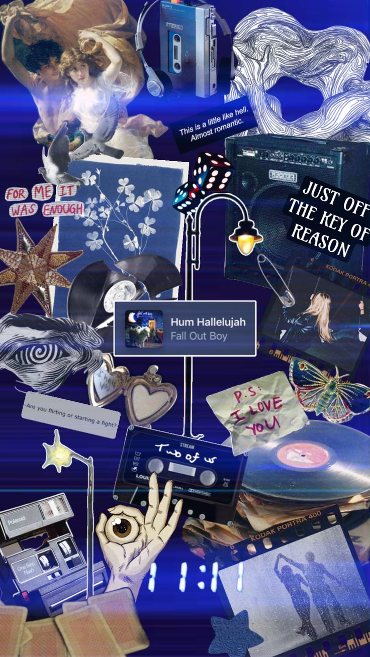 a collage of various images and text on a blue background. there is a cassette tape with "two of us" written on it, a record player with a record on it, a film strip, a camera, a picture of a heart, a photo of a cloud, a star, a broken heart, and text about a key of reason and "hum hallelujah."