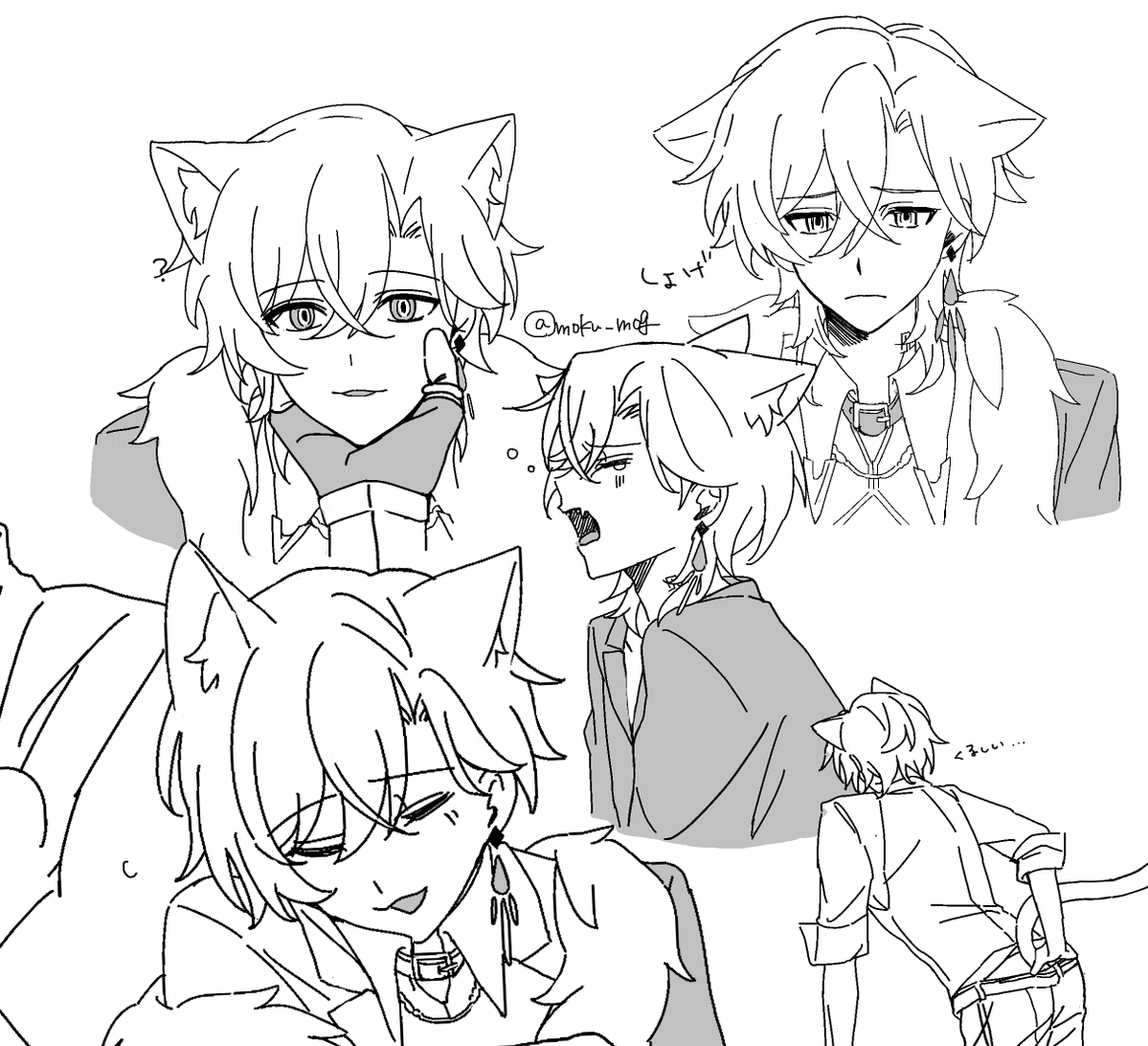 he image contains a collection of sketches featuring animestyle characters, predominantly boys, many with cat ears.  the art style is sketchy and informal, with varying expressions and poses displayed among the characters.  the overall aesthetic is monochrome, maintaining a consistent black and white palette. the sketches are done in a loose style with visible brushstrokes and some text in another language present within the drawing.