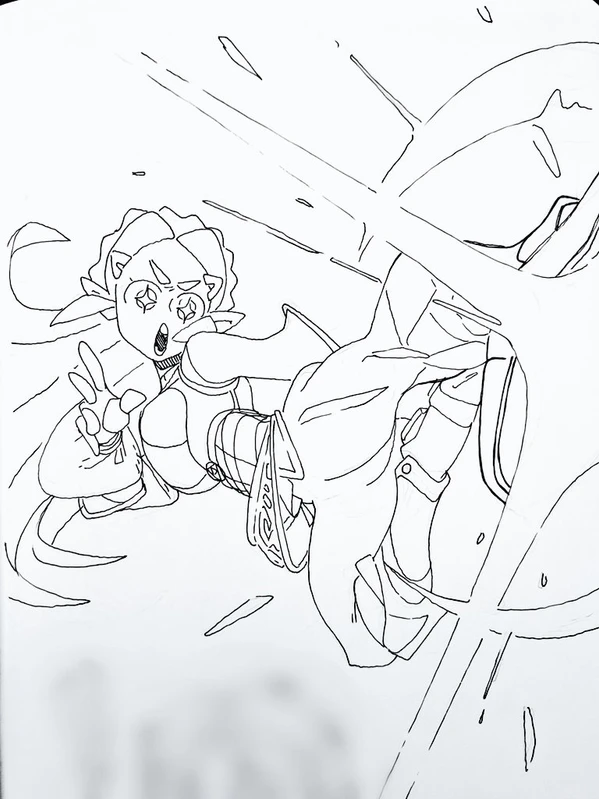 this is a black and white drawing of an anime girl in a dynamic pose, as if she's midair during a powerful action. the lines are bold and energetic, conveying a sense of speed and motion. the character is detailed, and the pose is expressive.