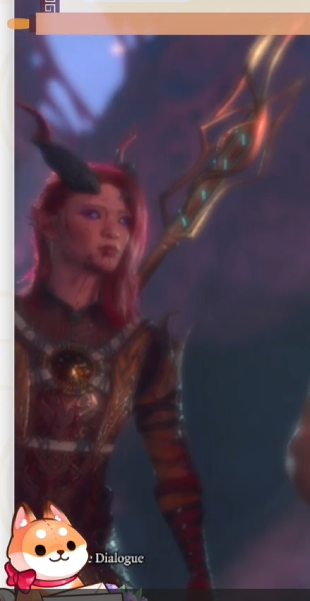 a screenshot from a video game features a female character with red hair and horns, wearing elaborate armor and holding a staff. the background is a digitally generated fantasy environment bathed in a warm, artificial light. the image is a closeup perspective, focusing on the character's upper body.