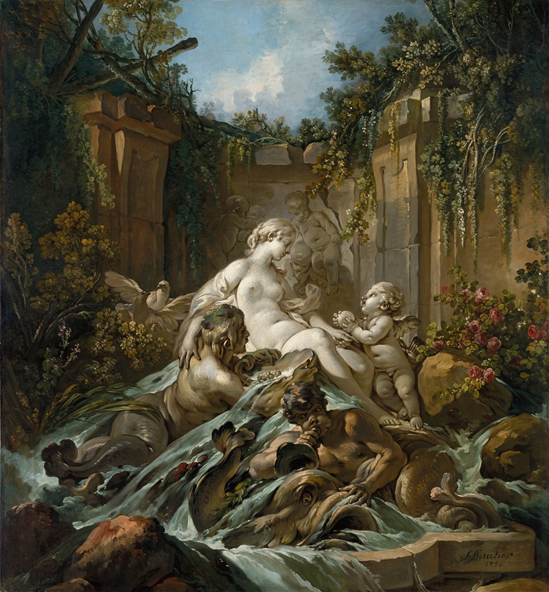 the image is a classical painting depicting venus with cupids and tritons by a fountain. venus is nude, reclining amidst the flowing water, attended by cherubic cupids. two tritons, mythical sea creatures, support her while blowing horns. dolphins are also present in the water. the setting is a garden with lush foliage, roses, and architectural elements like a wall and archway. the background features a blue sky with white clouds.