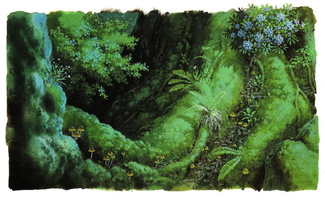 the image is a detailed watercolor painting depicting a lush, verdant forest scene.  the dominant colors are various shades of green, highlighting the dense vegetation.  mossy rocks form a prominent feature, with ferns and other plants growing amongst them.  small mushrooms are scattered across the mossy areas.  a cluster of blue rhododendrons or similar flowering plants adds a splash of color near the top right. the overall impression is one of a rich, dense, and slightly mysterious woodland, possibly suggestive of a fairytale or fantasy setting.  the lighting is soft and diffused, suggesting a shady, humid environment. the artist has paid close attention to detail in portraying the textures of the moss, leaves, and other vegetation.