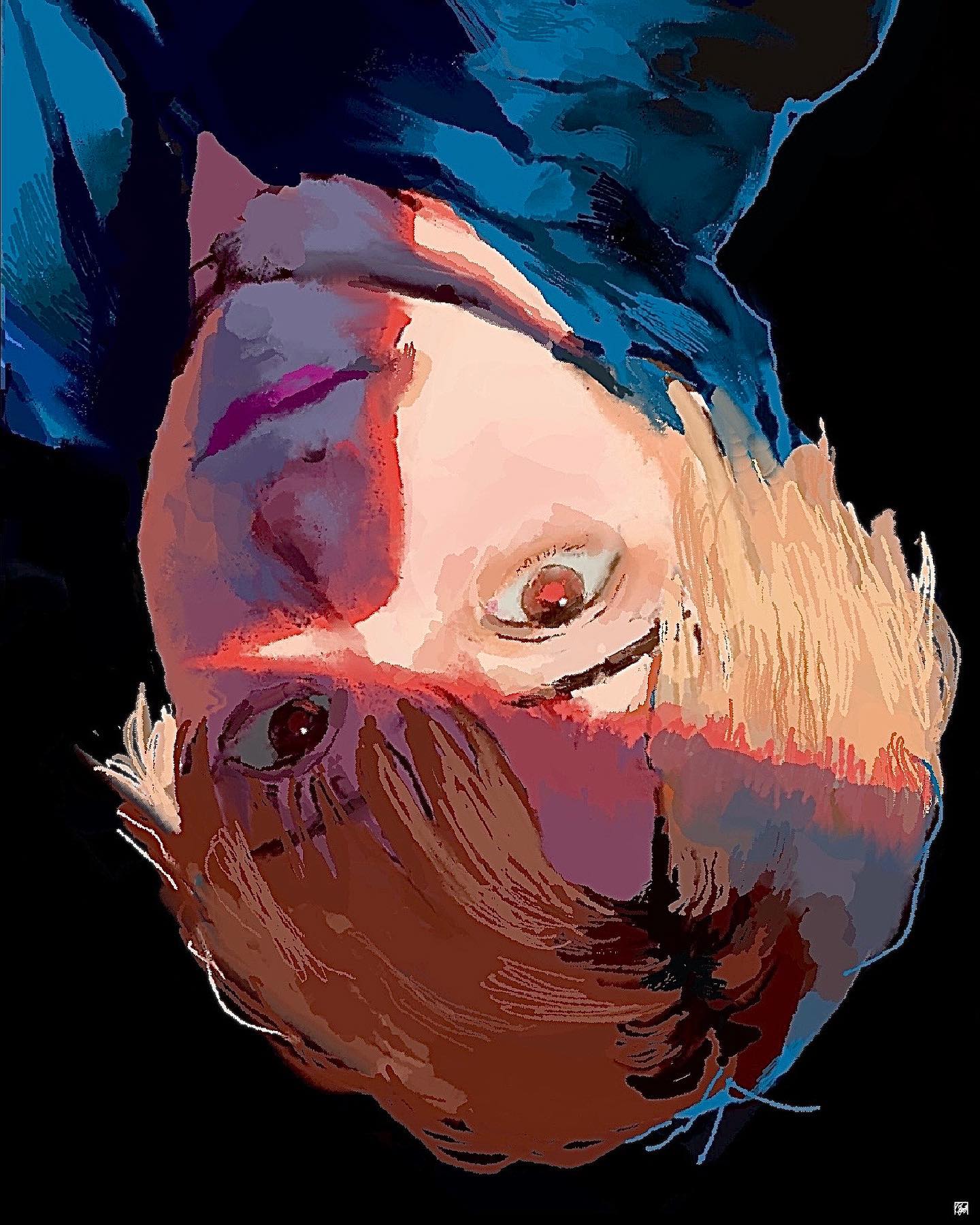 the image is a stylized, abstract selfportrait of a person. the subject is depicted upside down, their face and upper body taking up most of the frame. the style is expressionistic and painterly, characterized by bold, visible brushstrokes and a nonrealistic color palette.  the colors are rich and vibrant, with blues dominating the clothing and a mix of reds, oranges, and browns in the hair and facial features. the hair is a reddishbrown, and the clothing appears to be a dark blue or teal. the eyes are a focal point, and the overall mood is one of artistic expression and possibly introspection. the texture of the painting is evident in the application of the paint or digital equivalent.