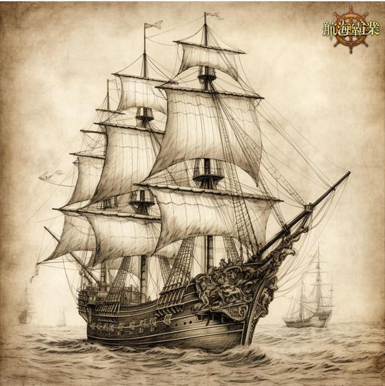 the image is a detailed sepiatoned drawing or illustration of a large, ornate threemasted sailing ship, possibly a galleon.  the ship is richly detailed, showing carved decorations on the figurehead and along the hull. its sails are full, suggesting it is underway.  the style is reminiscent of antique nautical illustrations or prints.  two smaller ships are visible in the background, further enhancing the sense of scale and the image’s maritime theme. the artwork has a vintage or antique feel, and a logo or watermark is visible in the upper right corner.  the overall mood is one of adventure and historical significance.