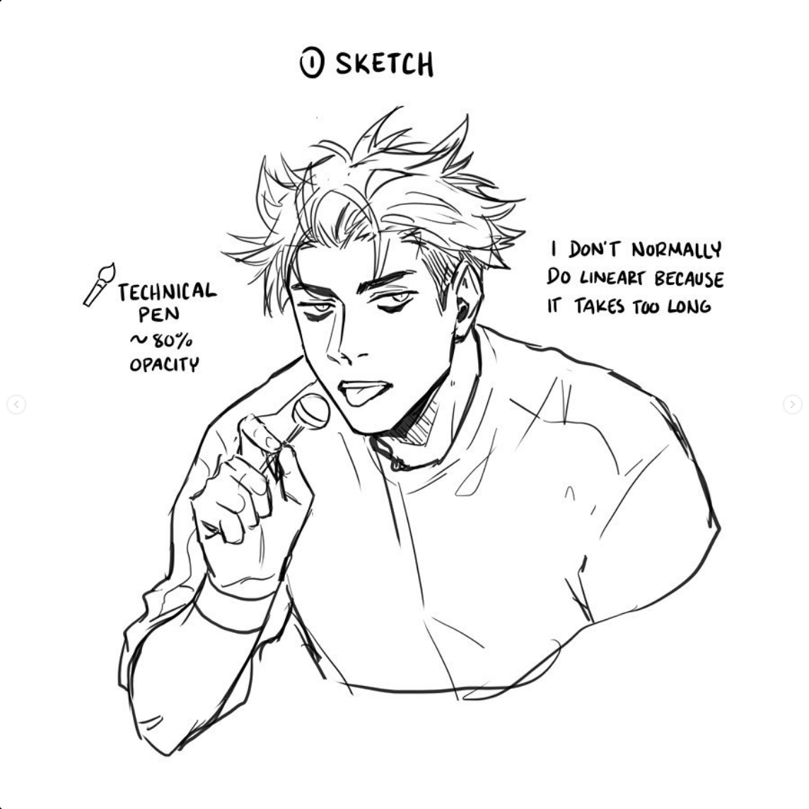 the image shows a black and white digital sketch of a young man. the sketch is done in a manga style and shows the man from the chest up. he has short, spiky hair and is looking slightly to the side with his mouth open. he is holding a small object to his lips, possibly a cigarette. to the left of the sketch are notes indicating the materials used, specifically a technical pen at 80% opacity. there is also a handwritten note stating, "i don't normally do lineart because it takes too long." this suggests the image is part of an art tutorial or process breakdown.