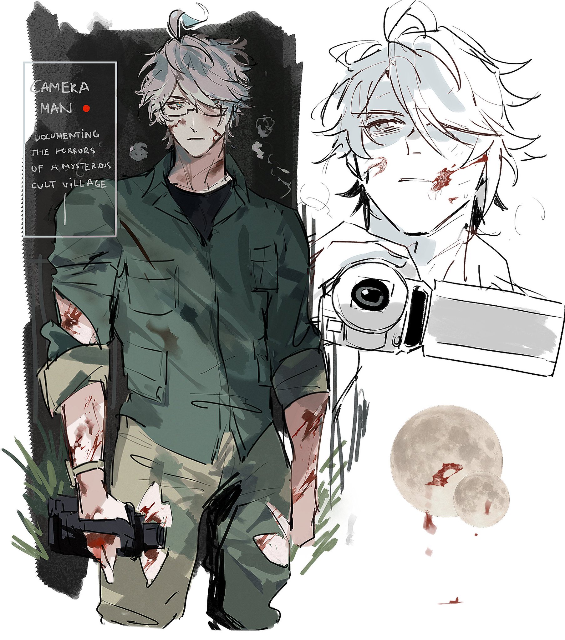 the image shows a man with white hair and a green shirt, holding a camera. he is covered in blood and looks scared. the background shows a dark forest with a moon and blood splattered on the ground. the man is possibly the protagonist of a horror story about a cult village, and he seems to have been injured.