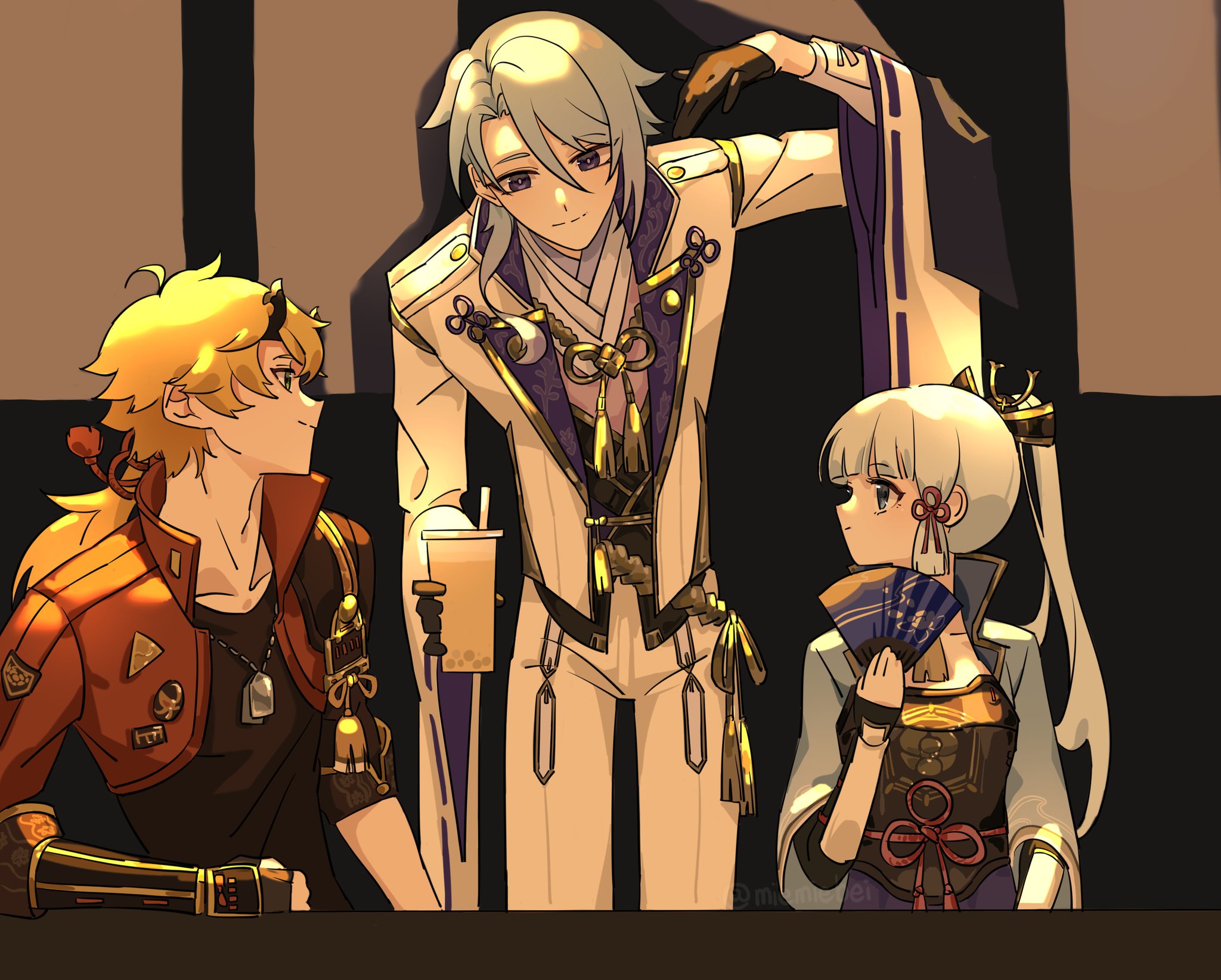 the image features three anime characters. the character on the left is a male character with blonde hair and brown eyes. he's wearing a red and gold jacket and a black shirt. he is holding a cup of milk tea with a straw. in the middle is a male character with white hair and blue eyes. he is wearing a white suit and a purple scarf. he is holding a cup of milk tea in his hand. the character on the right is a female character with white hair and brown eyes. she is wearing a blue and white kimono. she is holding a fan in her hands. the image is set in a room with a wooden floor. the characters are all looking at each other, and the image is filled with a sense of warmth and friendship.