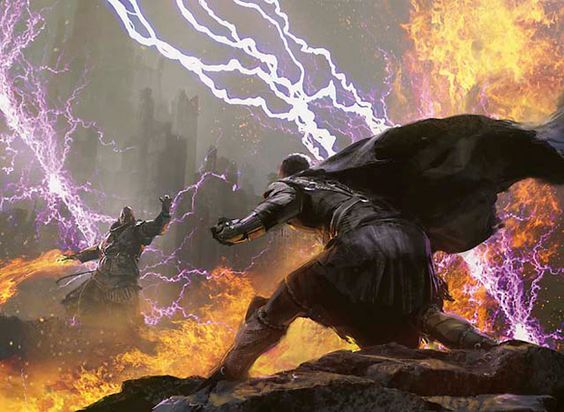 two figures locked in a fierce battle amidst a destroyed city engulfed in flames. lightning crackles between them, illuminating the scene with a dramatic, otherworldly glow. one figure, cloaked in dark armor, unleashes a surge of electrical energy towards his opponent, a shadowy figure silhouetted against the inferno. the image evokes a sense of intense power, chaos, and destruction.