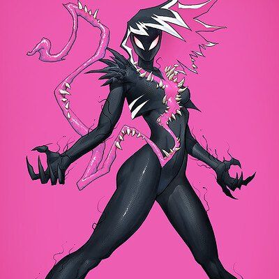 this is an illustration of a female superhero, with a black suit and symbiote tendrils, standing with her arms outstretched, ready for action. the background is pink, and the symbiote tentacles have white teeth and claws. she has white eyes and hair, and a fierce expression on her face.