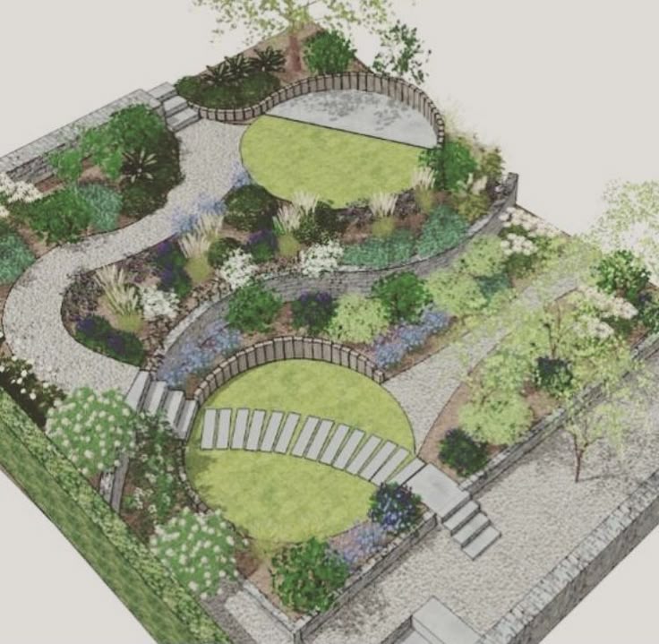 the image shows a landscape design for a tiered garden with stone pathways, stairs, retaining walls, and a circular lawn with stepping stones. the garden features various plants, shrubs, and trees.