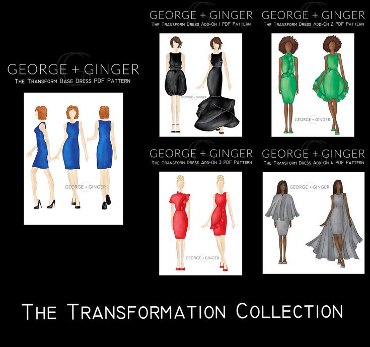 the image showcases a collection of dress designs labeled "the transformation collection" by george + ginger. it features various dress patterns including "the transform base dress pdf pattern," "the transform dress addon 1 pdf pattern," "the transform dress addon 2 pdf pattern," "the transform dress addon 3 pdf pattern," and "the transform dress addon 4 pdf pattern." each pattern shows illustrations of models wearing different dress styles and color variations.