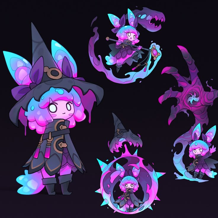 the image features character designs of a witchlike figure with rabbit ears, presented in various poses and with magical elements. the color palette is dominated by purple and blue hues, often with a glowing effect. there are multiple depictions of the character with different spells and abilities.