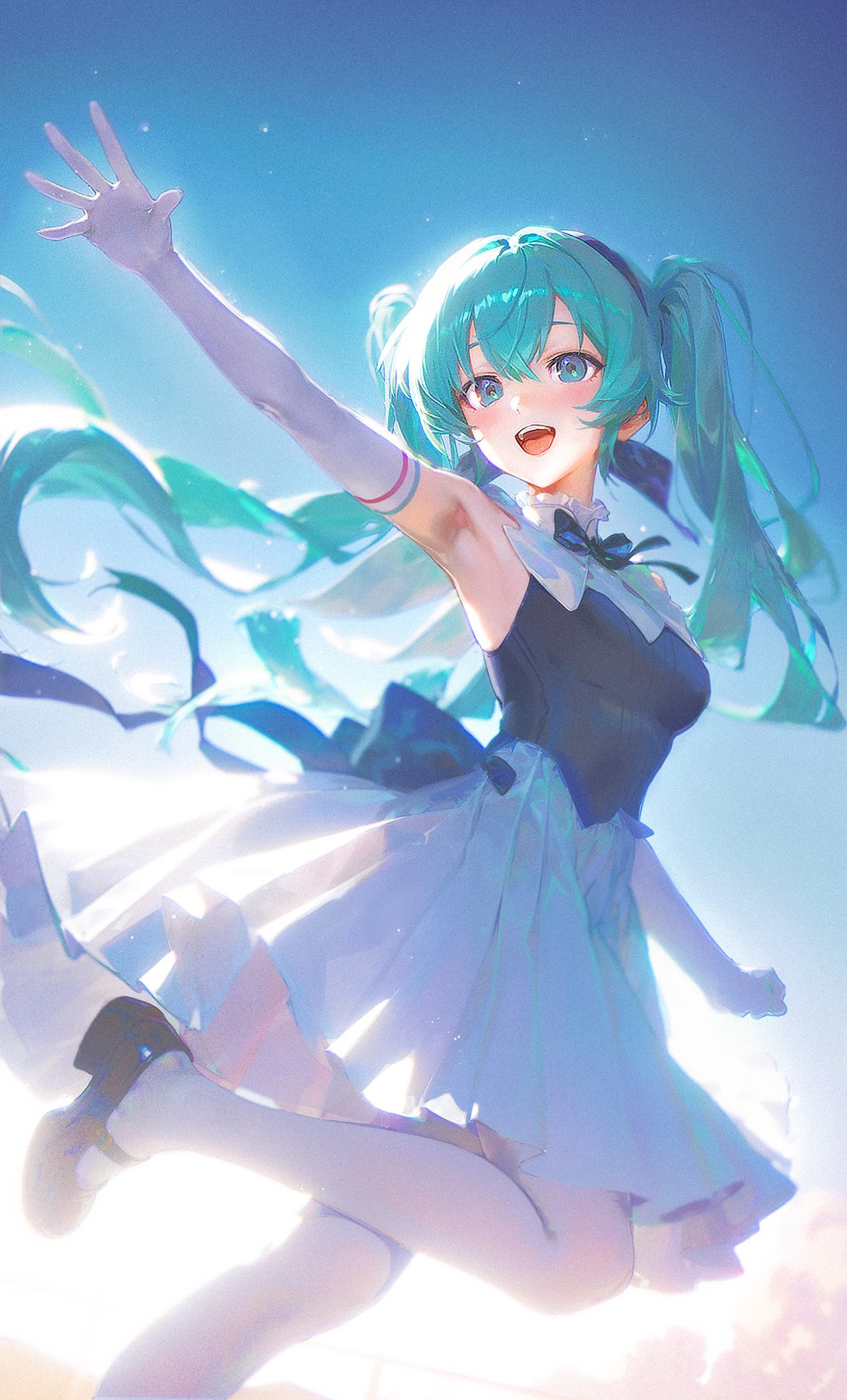 an animestyle image features a girl with blue hair styled in pigtails. she is wearing a blue and white dress with ribbons and a bow, and black shoes with white stockings. she has a smiling expression and is reaching upwards with an open hand. the background is a light blue sky.