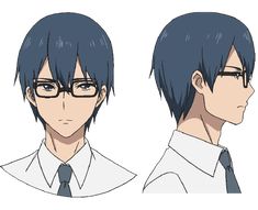this is an anime drawing of a young man with black hair and black glasses. he is wearing a white buttondown shirt and a dark blue tie.  there are two views of him shown; a front view and a side view.