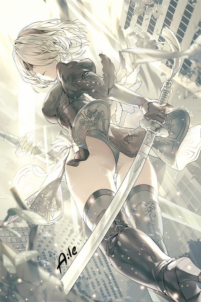the image is a piece of digital fanart depicting 2b, the iconic protagonist from the video game nier: automata. she's portrayed in a dynamic action pose, wielding a katana. her outfit is detailed, showcasing her signature black and white attire with intricate design elements. the background features a blurred cityscape, suggesting an urban setting. the overall color palette is primarily white and grey, with subtle light effects adding a sense of dynamism and ethereal quality.  the artist's signature "aile" is visible in the bottom left corner. the style is reminiscent of anime and manga, with a focus on character design and dynamic posing.
