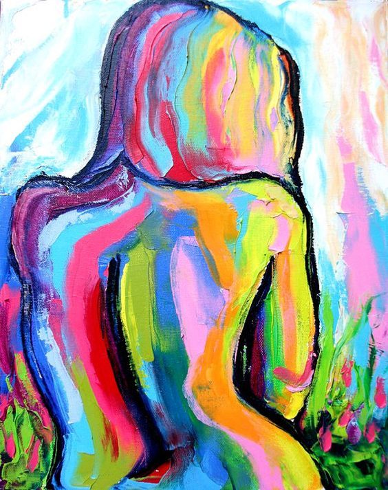 the painting depicts a woman's figure in a vibrant and abstract style. the artist uses thick brushstrokes of bright colors like pink, yellow, blue, green, and red to create a dynamic and energetic composition. the figure's silhouette is outlined in black, suggesting a sense of form and movement. the painting is highly expressive and captures the feeling of energy and freedom.