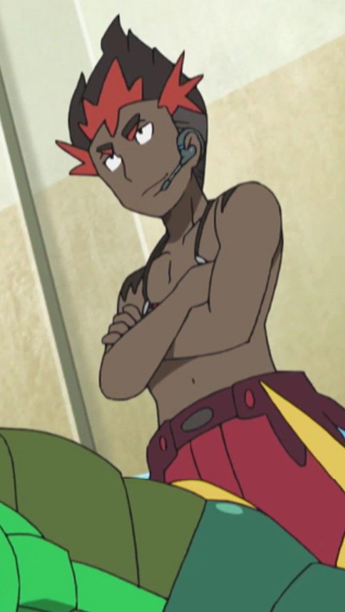 a cartoon anime male character with dark skin and red hair is shown in a side view. he's sitting with his arms crossed and a determined, serious look on his face. he is wearing a red and yellow outfit and is sitting by a pool in what appears to be a gym or training facility. the background is light and plain and there is a green object to the left of the character.