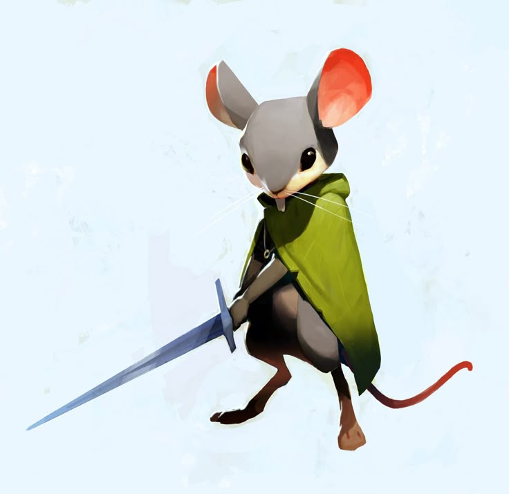 an illustration of a gray mouse warrior holding a sword and wearing a green cloak.