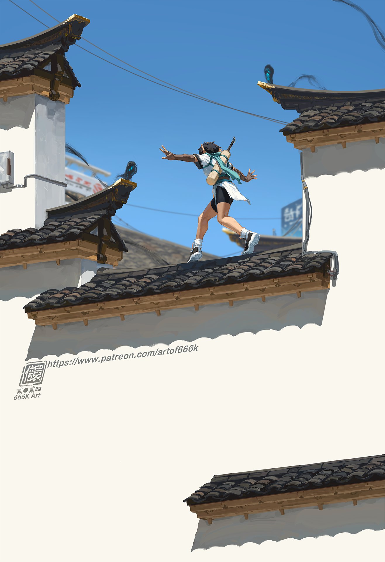 the image is a digital painting or illustration depicting a young animestyle girl running across the rooftops of buildings that appear to be inspired by japanese or chinese architecture. she's wearing a white and teal outfit, carrying a backpack and what appears to be a sword or staff.  the scene is bright and sunny, with a clear blue sky. the style is dynamic and actionoriented, emphasizing her movement and the urban environment.  a patreon watermark is visible in the lower left corner.