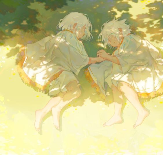 the image shows a digital illustration of two young boys, likely twins, sleeping soundly on a bed of sundrenched grass. they are dressed in flowing white garments with gold accents, and their white hair catches the light.  the scene is peaceful and idyllic, with dappled sunlight filtering through the leaves of the trees above them. the overall palette is warm and soft, contributing to the sense of tranquility.