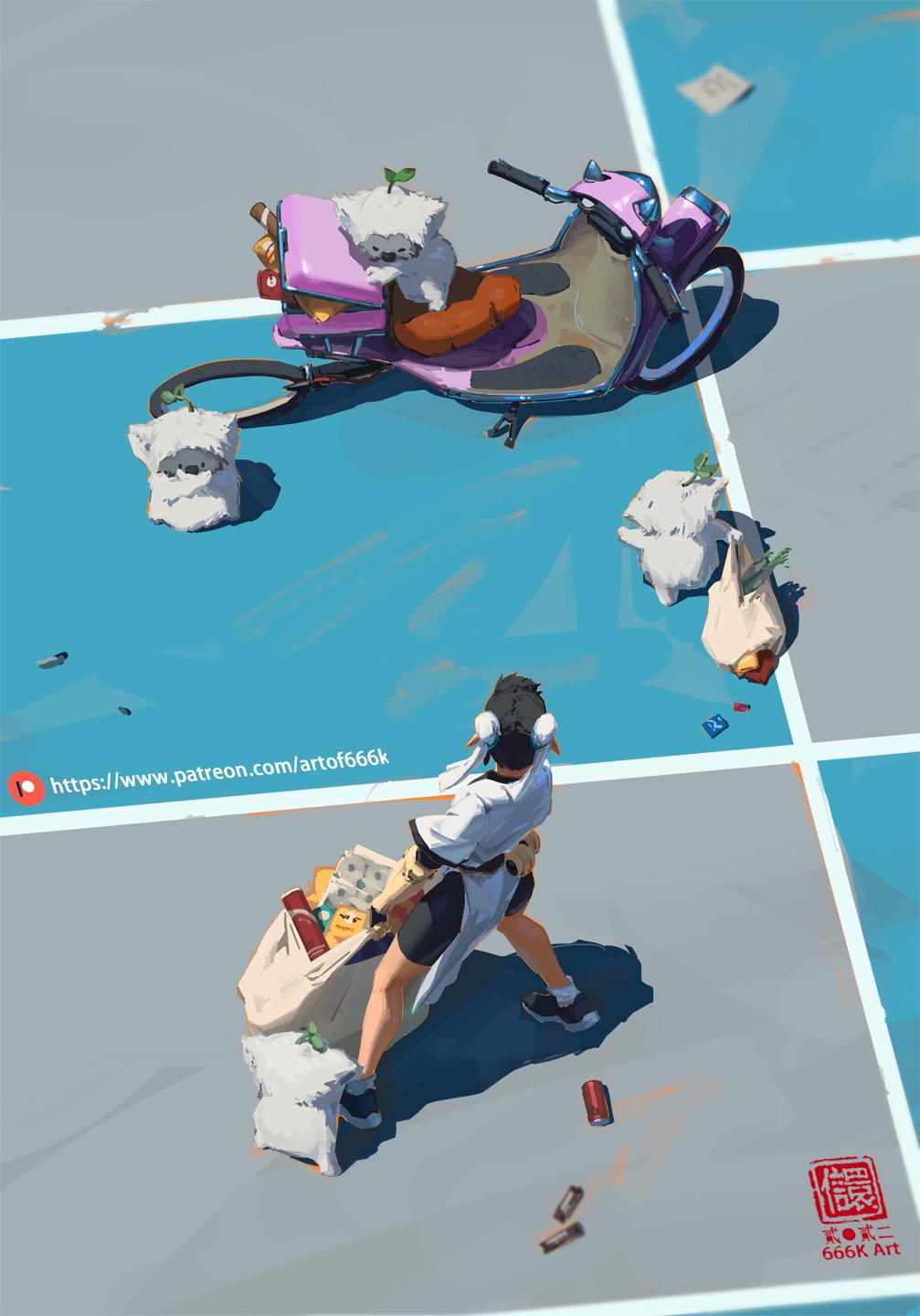 the digital painting depicts a young woman, possibly anime or mangainspired, with short hair wearing a casual outfit. she's carrying a large grocery bag full of items. around her are small, fluffy white creatures resembling dogs with tiny plants sprouting from their heads. a pink scooter with two more of these creatures on it sits nearby, suggesting they might be delivering or accompanying her. the scene unfolds on a blue and grey pavement marked with white lines, with some dropped cans or objects scattered around. the overall style is vibrant and playful, with a touch of whimsy from the fluffy creatures. the artist's signature and patreon link are visible in the image.