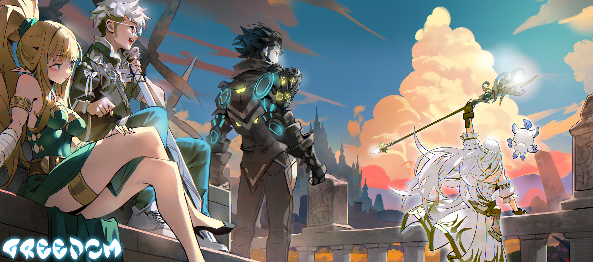 the image is a fantasythemed illustration featuring several animestyle characters set against a backdrop of a cityscape and a cloudy sky. on the left, there is a blonde female elf sitting on a ledge, with a whitehaired boy with glasses and a microphone seated next to her. in the middle, a darkhaired man wearing futuristic armor is standing with his back to the viewer. on the right, there's a whitehaired woman holding a staff with a small creature floating next to her. the word "freedom" is written in stylized text at the bottom of the image.