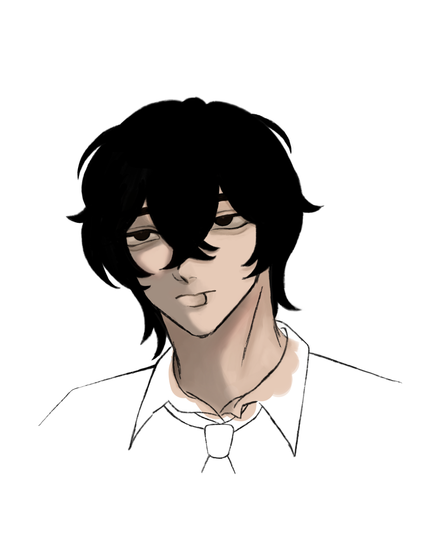 the image is a digital drawing or illustration of a young animestyle male character.  he has short, dark black hair that falls over his forehead, partially obscuring his eyes.  he appears to be wearing glasses (though only the frame is visible), a collared shirt, and a tie. his expression is somewhat neutral with a subtle hint of a smirk. the art style is clean and simple with soft shading and a focus on the character's face and upper body. the background is plain white.