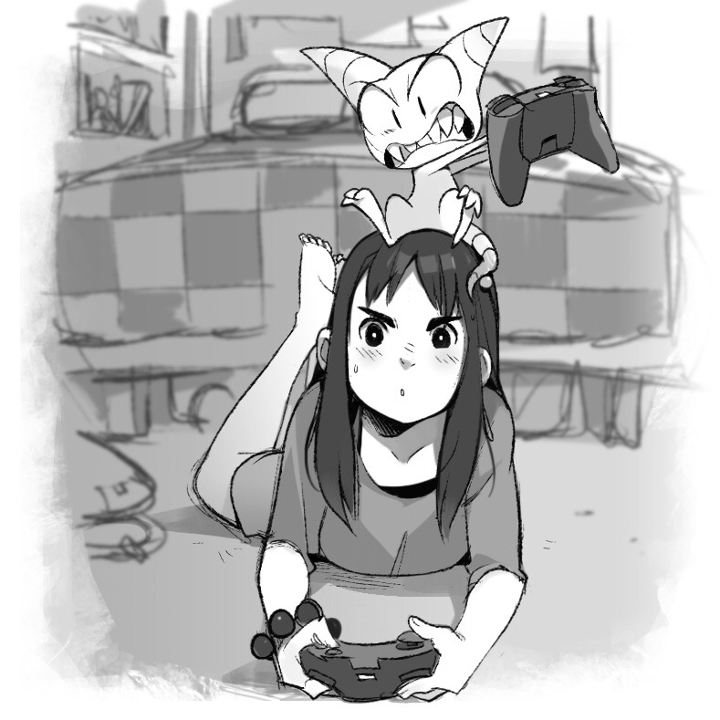 the image is a black and white sketch depicting a girl lying on the floor playing video games with a small,  mischievouslooking creature perched on her back. the creature is also holding a game controller, implying they're playing together. the setting appears to be a bedroom, with a bed visible in the background. the overall mood is lighthearted and playful.