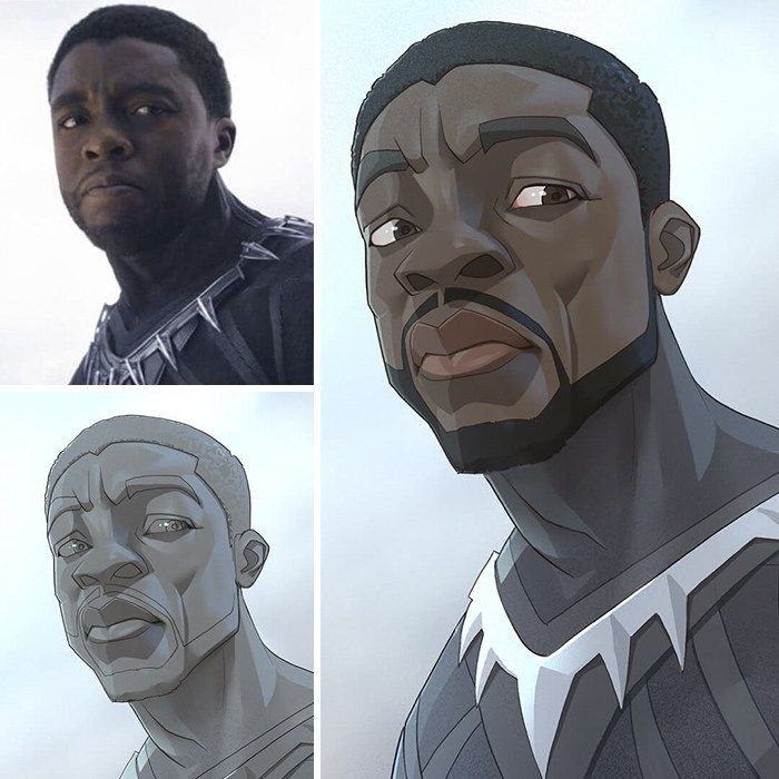 the image shows a collage featuring chadwick boseman as black panther. it includes a photo of chadwick boseman in character, a stylized cartoon drawing of him as black panther, and a grayscale line drawing of his face. the images depict his appearance as t'challa, the black panther.