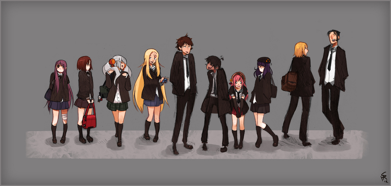 a group of nine animestyle students, likely in high school, stand casually in front of a plain gray background. they wear variations of a school uniform, with most in black jackets and ties over white shirts. the girls' uniforms differ slightly, including skirts, kneehigh socks, and some colorful accessories. one student stands out with a white suit and open jacket. the overall mood is relaxed and friendly, typical of a sliceoflife genre. the art style is slightly sketchy with soft lighting, emphasizing the casual atmosphere.