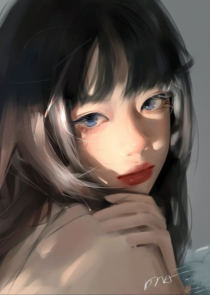 this is a digital illustration of an anime girl with long black hair and blue eyes. she is looking at the viewer with a soft expression. her lips are painted a vibrant red. the light is falling on her face and highlighting the edges of her hair, creating a dreamy and ethereal atmosphere. the overall impression is one of sweetness and innocence.