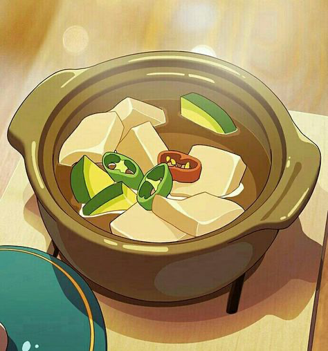 the image is a vibrant, stylized illustration in the style of anime or manga. it depicts a steaming pot of dubu jorim (korean tofu stew). the stew is a rich brown color and contains several cubes of tofu, slices of zucchini, and green and red chili peppers.  the pot itself is an earthenware style, dark brown, with small handles. it sits on a light wood surface. the overall lighting and style give it a warm, inviting, and appetizing look, suggestive of a cozy meal.  a small portion of a teal lidded pot is visible in the lower left corner.